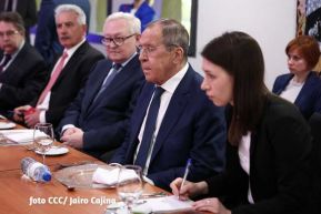 Presidente Daniel Ortega y Vicepresidenta Rosario Murillo en encuentro con Canciller de Rusia, Serguéi Lavrov