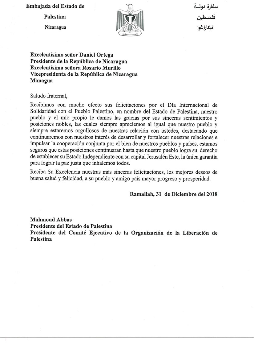 Presidente del Estado de Palestina saluda las relaciones con Nicaragua