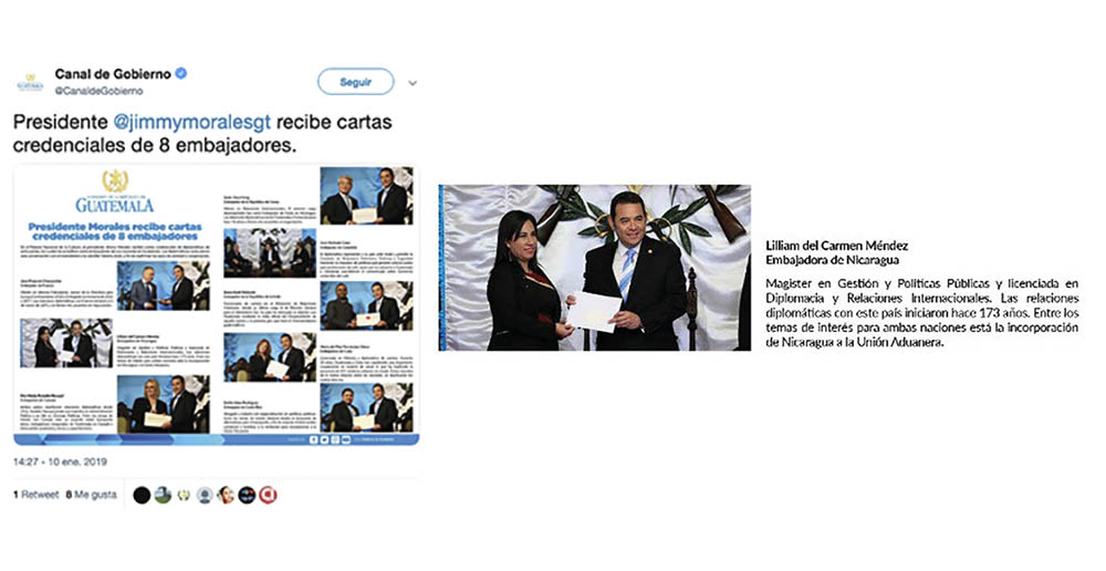 Embajadora Lilliam del Carmen M&eacute;ndez, presenta  cartas credenciales al Presidente de Guatemala