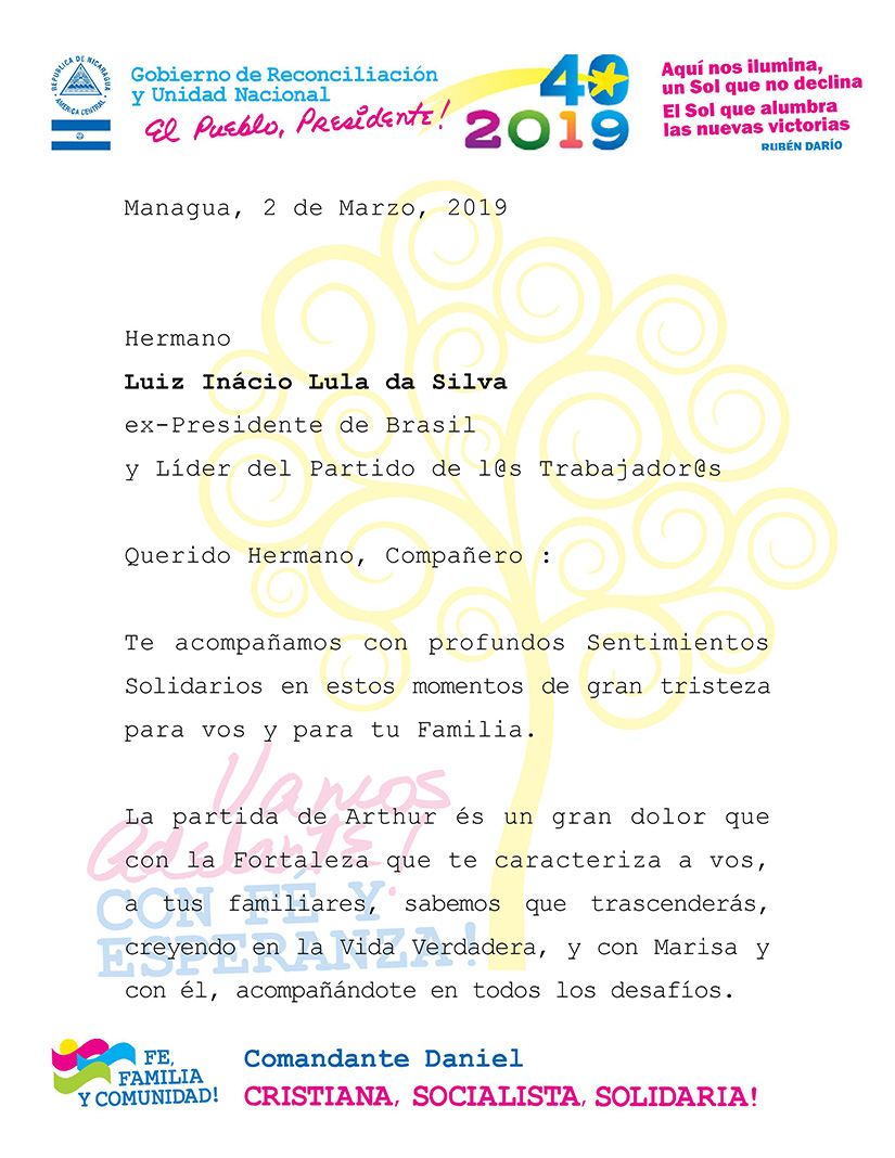 mensaje de solidaridad de nicaragua a lula da silva