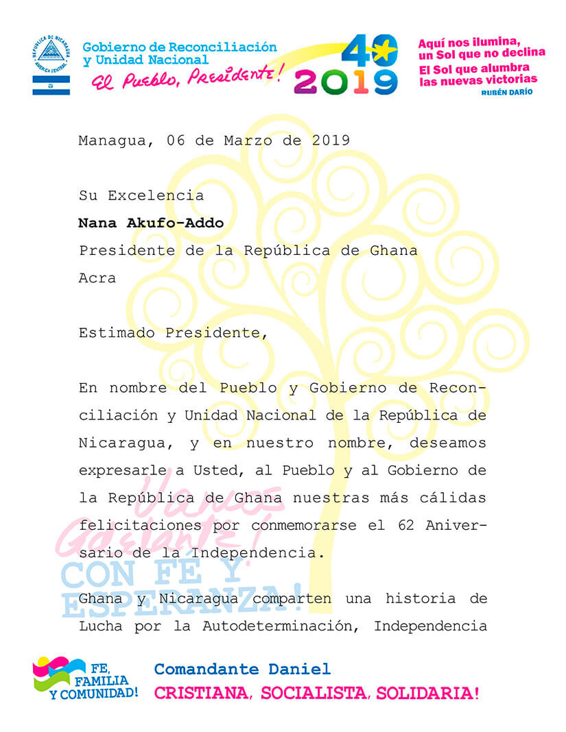 Gobierno de Nicaragua saluda el 62 Aniversario de la Independencia de la Rep&uacute;blica de Ghana