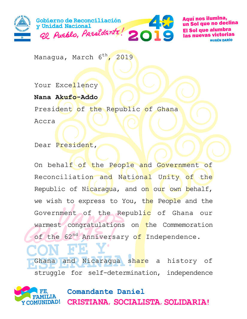 Gobierno de Nicaragua saluda el 62 Aniversario de la Independencia de la Rep&uacute;blica de Ghana
