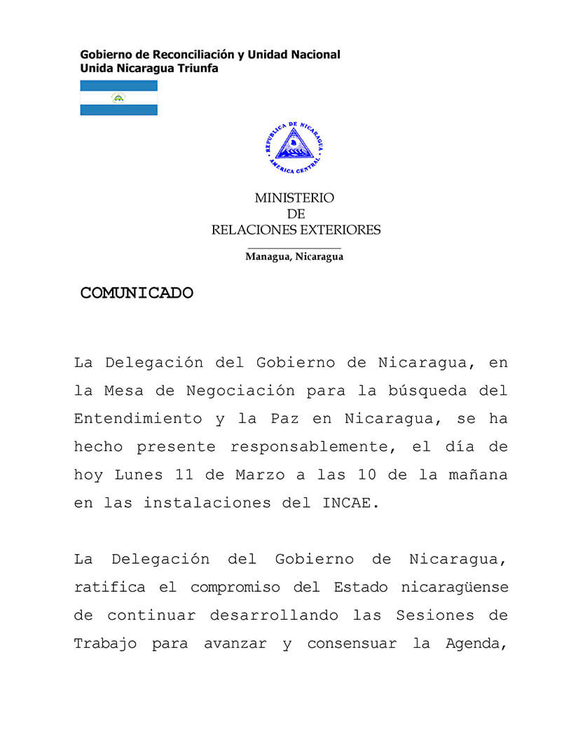 comunicado del gobierno de nicaragua en la mesa de negociaci&oacute;n