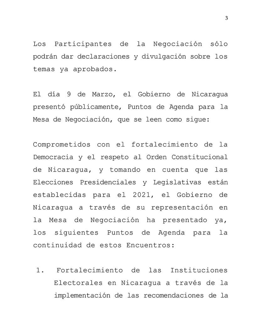 comunicado del gobierno de nicaragua en la mesa de negociaci&oacute;n