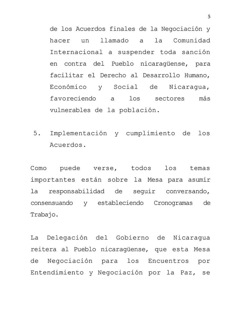comunicado del gobierno de nicaragua en la mesa de negociaci&oacute;n