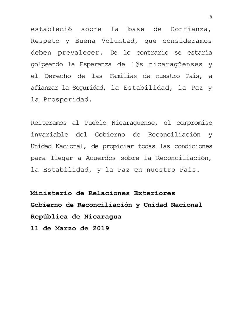 comunicado del gobierno de nicaragua en la mesa de negociaci&oacute;n