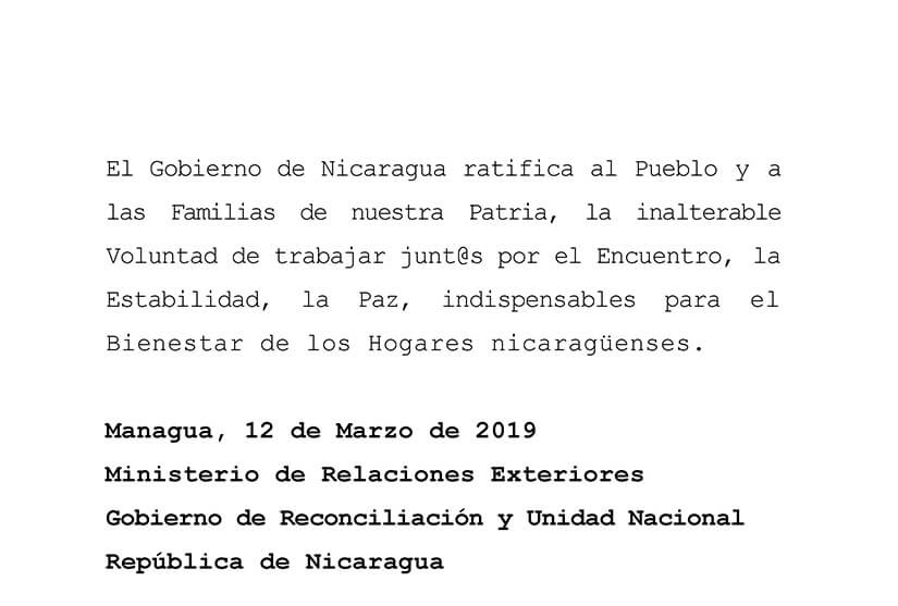comunicado del gobierno de nicaragua ante la mesa de negociaci&oacute;n