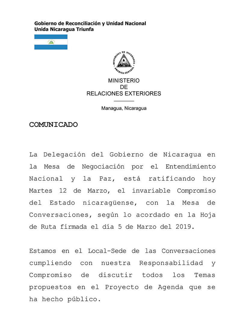 comunicado del gobierno de nicaragua ante la mesa de negociaci&oacute;n