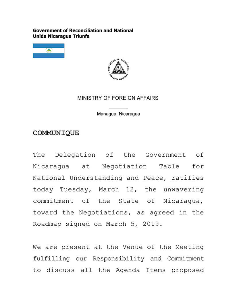 comunicado del gobierno de nicaragua ante la mesa de negociaci&oacute;n
