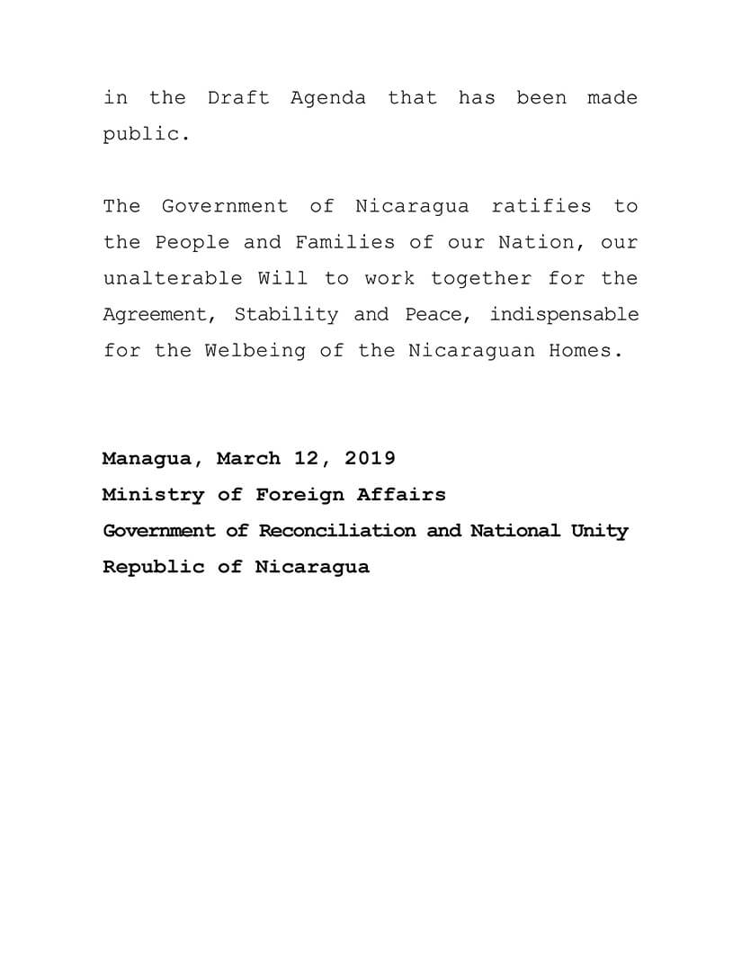 comunicado del gobierno de nicaragua ante la mesa de negociaci&oacute;n