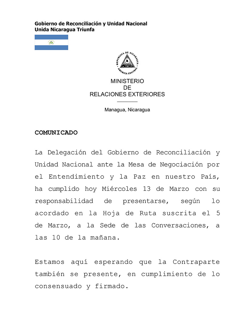 comunicado gobierno de nicaragua mesa de negociacion