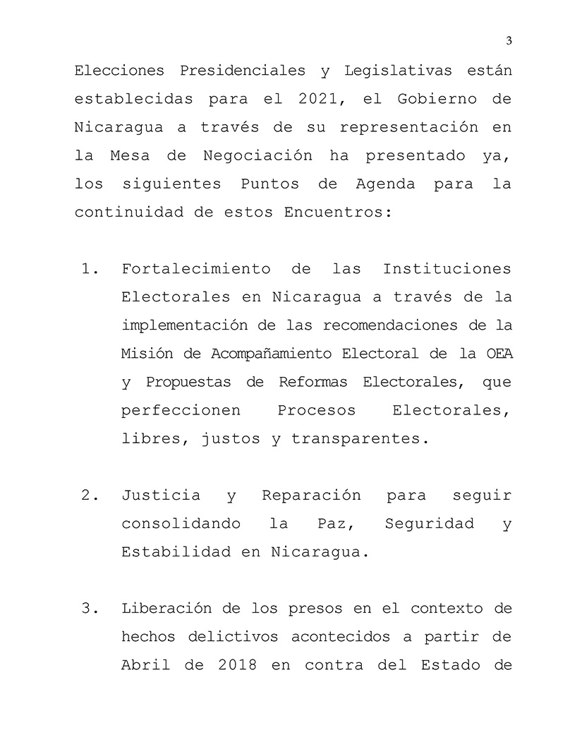 comunicado gobierno de nicaragua mesa de negociacion
