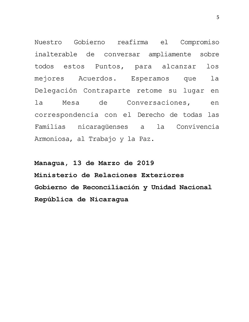 comunicado gobierno de nicaragua mesa de negociacion