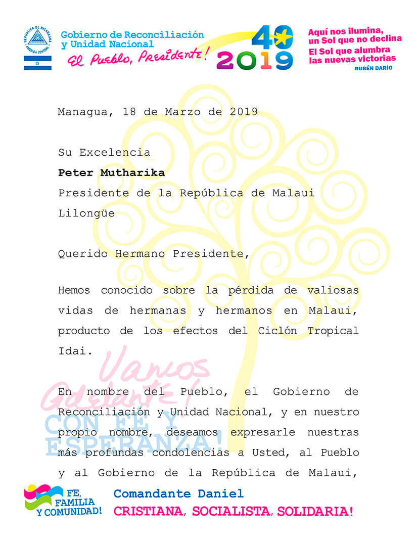 condolencias al presidente de la rep&uacute;blica de Malaui