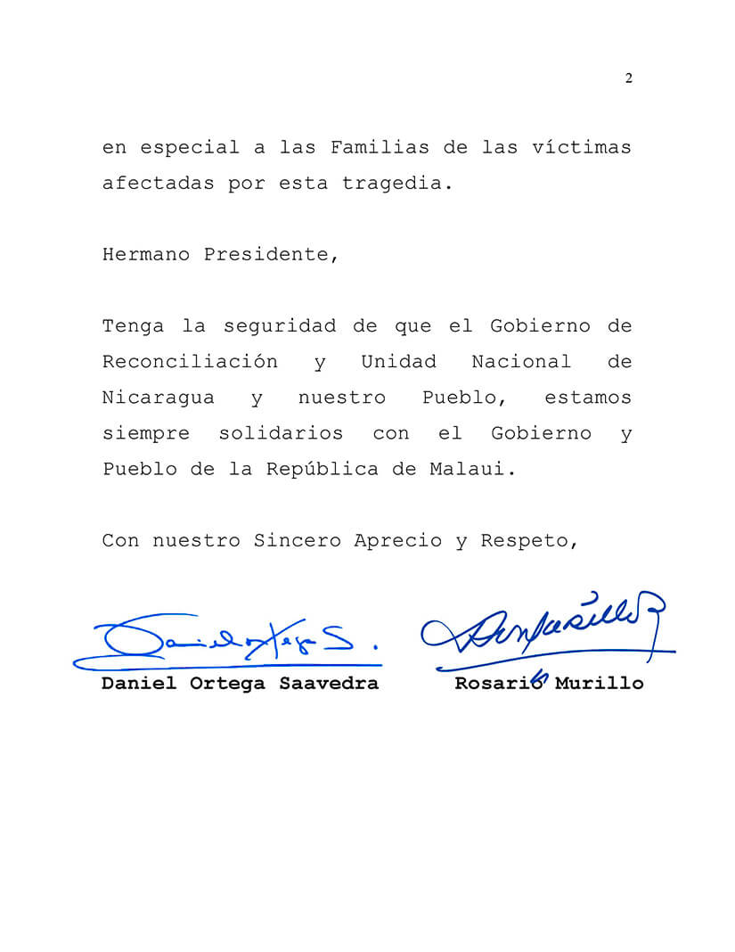 condolencias al presidente de la rep&uacute;blica de Malaui