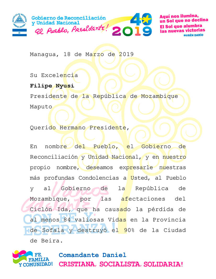 nota condolencias de nicaragua a mozambique
