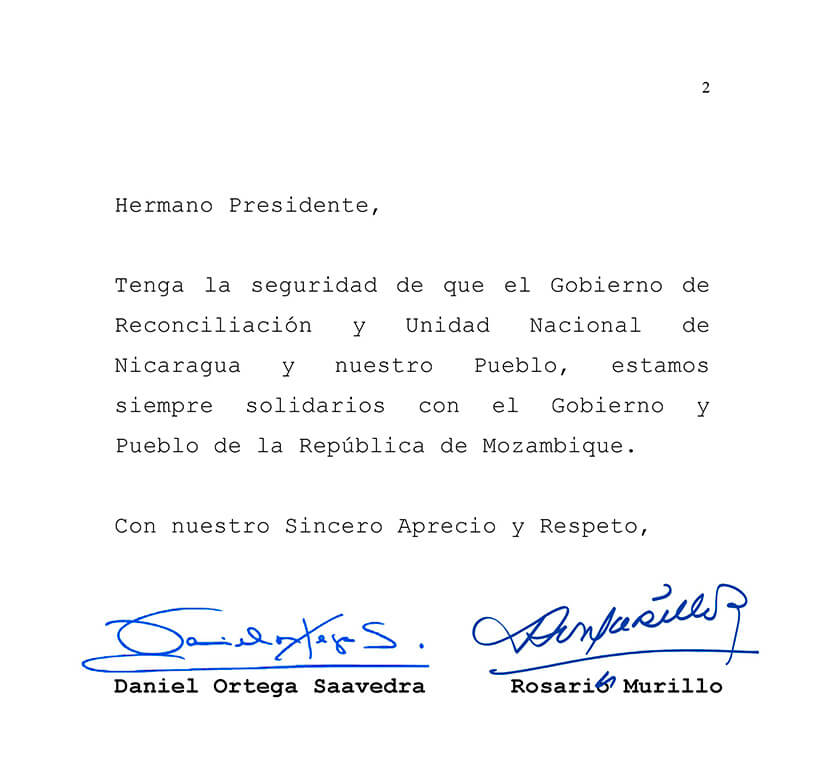 nota condolencias de nicaragua a mozambique