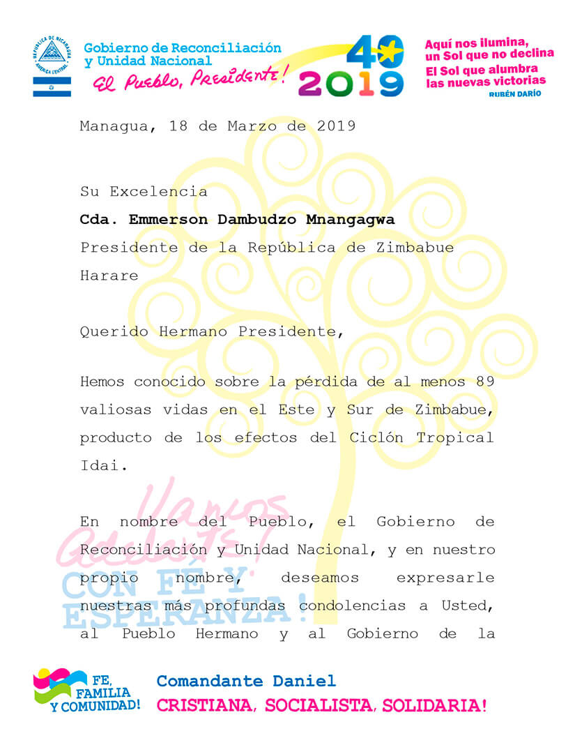 nota de condolencias de Nicaragua a Zimbabue