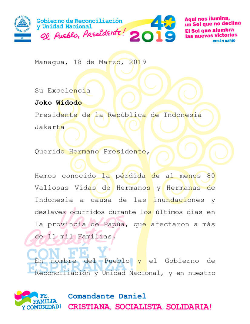 mensaje de condolencias de nicaragua a indonesia