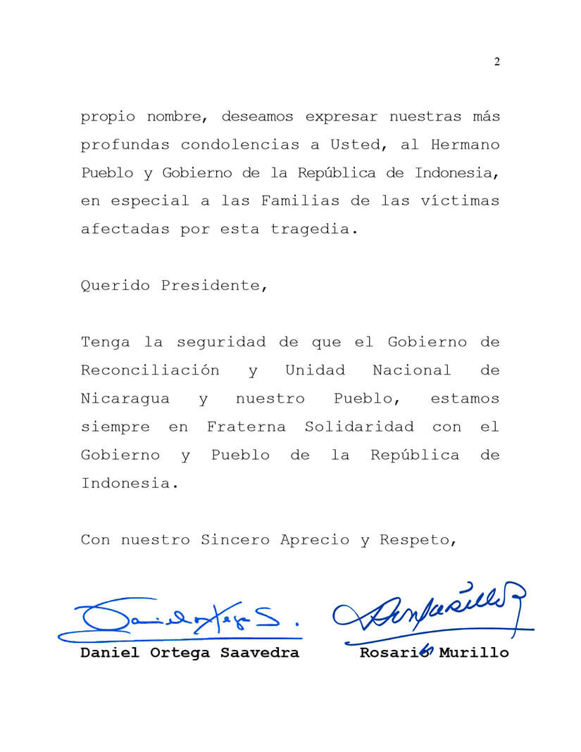 mensaje de condolencias de nicaragua a indonesia