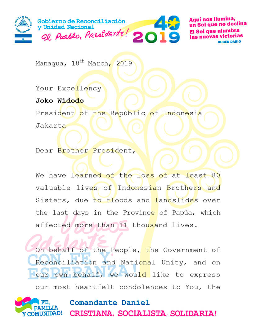 mensaje de condolencias de nicaragua a indonesia