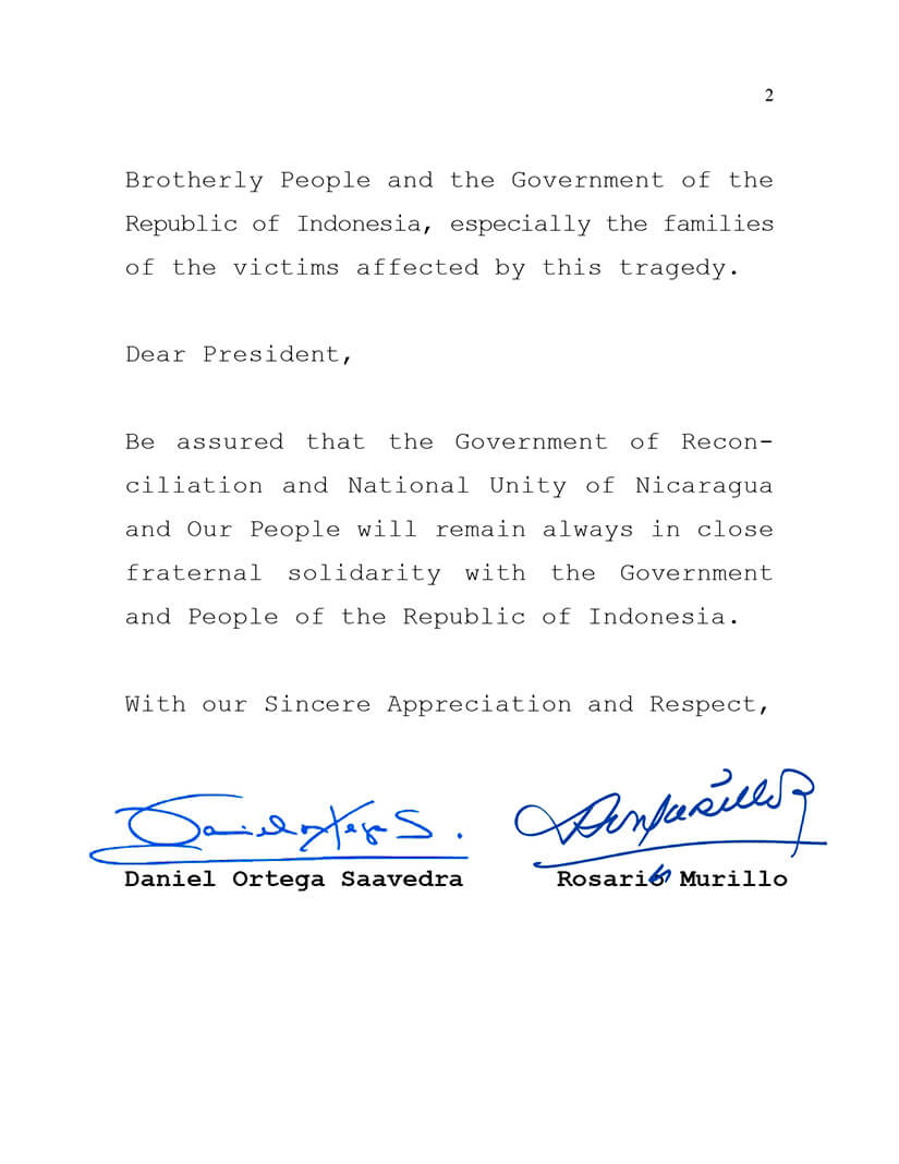 mensaje de condolencias de nicaragua a indonesia