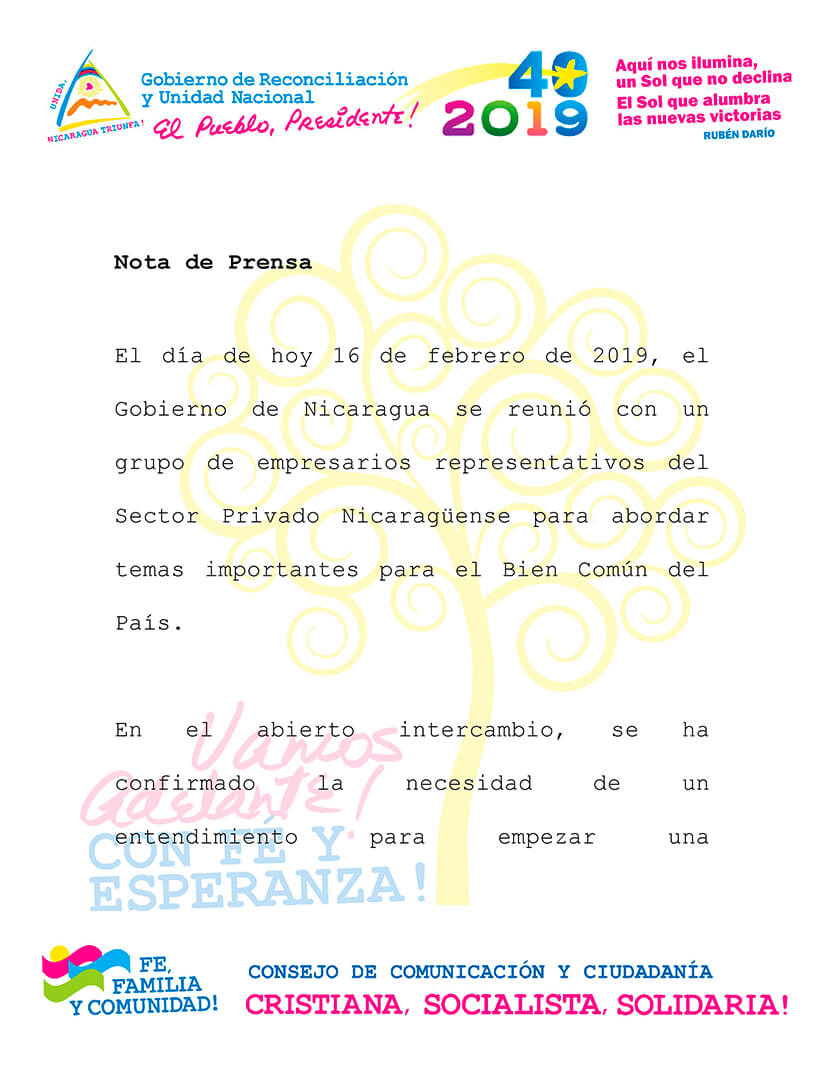 nota de prensa del gobierno de reconciliacion y unidad nacional