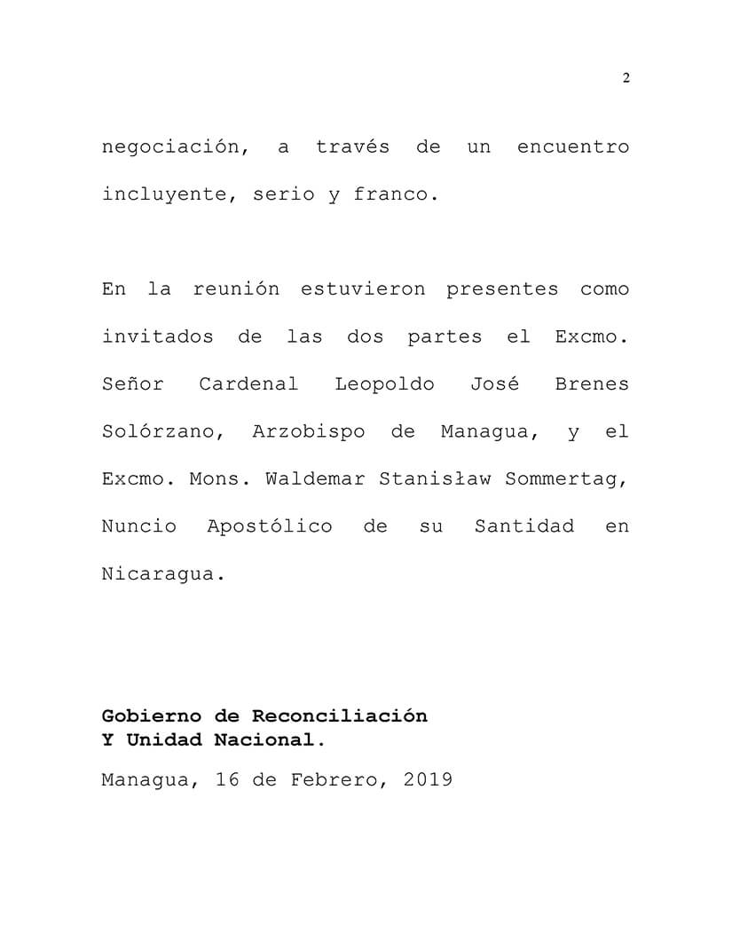 nota de prensa del gobierno de reconciliacion y unidad nacional