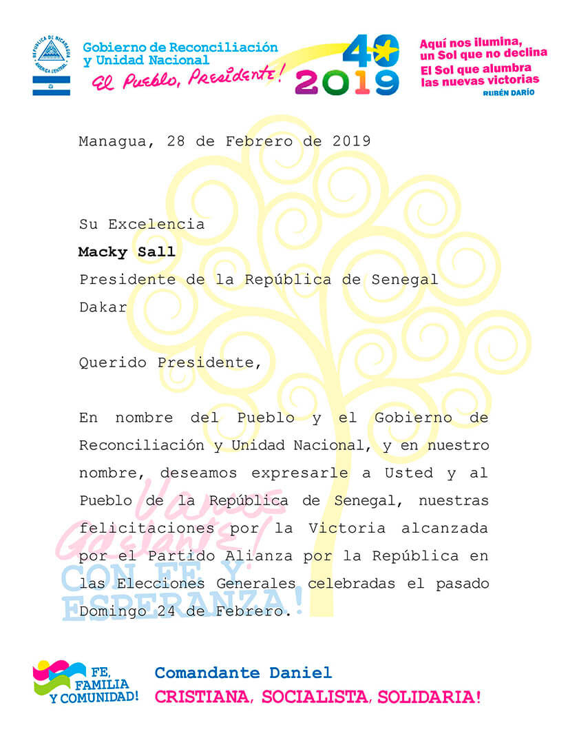 Gobierno de Nicaragua Saluda la victoria del partido alianza por la rep&uacute;blica de senegal